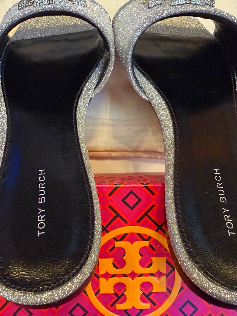 Tory Burch Silver Glitter Double-T Crystal Eleanor Slide Sandals - Picture 5 of 12
